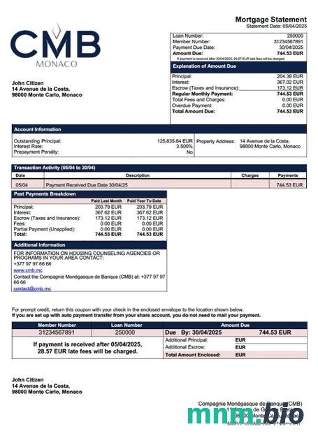 Monako Compagnie Monégasque de Banque (CMB) wyciąg z kredytu hipotecznego szablon Word i PDF